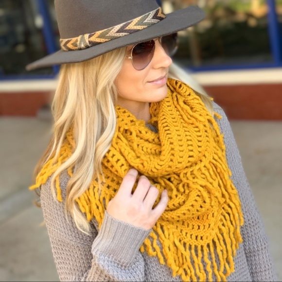 Mustard Lattice Fringe Infinity Scarf - Picture 2 of 3
